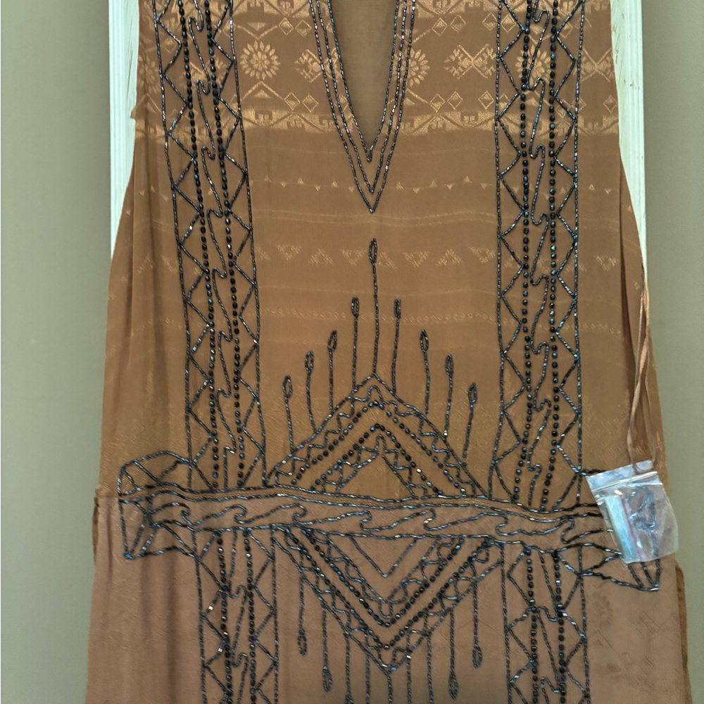 Free People Brown Beaded Dress with Geometric Patterns